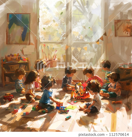 Captivating digital illustration of children engaging in playful activities in a sunlit room 112570614