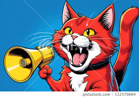 cat making a loud announcement with a megaphone on a dynamic blue background cat making a loud announcement with a megaphone on a dynamic blue background 112570664