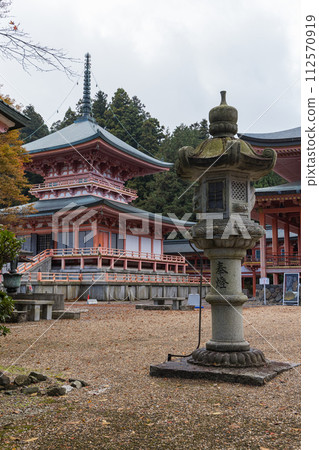 Amida-do Hall and East Tower of Hokke Soji-in Temple of Enryaku-ji Temple in Otsu City, Shiga Prefecture, Japan. Amida-do Hall and East Tower of Hokke Soji-in Temple of Enryaku-ji Temple in Otsu City, Shiga Prefecture, Japan. 112570919