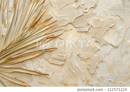 Dried palm leaf on sandy background. Generative AI Dried palm leaf on sandy background. Generative AI 112571224