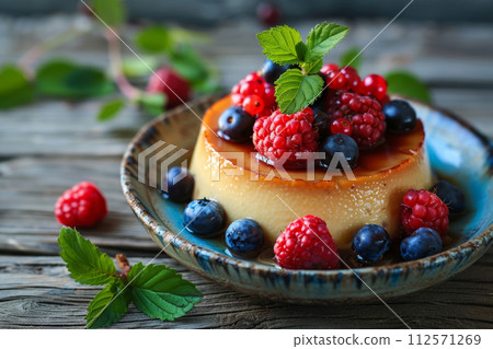Creme flan with fresh berries. Cream pudding with caramel sauce. Generative AI Creme flan with fresh berries. Cream pudding with caramel sauce. Generative AI 112571269