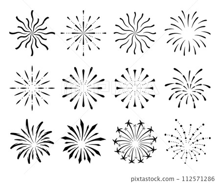 Collection of flat fireworks. Festive sparkles, carnival salutes. Outline firework explosion vector elements. Sketch pyrotechnics celebrate stars 112571286