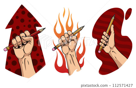 Hand fist holding pencil set. Power of art concept. Tools for drawing. Motivation poster tools for drawing. Vector illustration flat style design Hand fist holding pencil set. Power of art concept. Tools for drawing. Motivation poster tools for drawing. Vector illustration flat style design 112571427