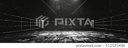 AI-generated content. A black and white photo capturing the intensity of a fight night in a boxing ring. AI-generated content. A black and white photo capturing the intensity of a fight night in a boxing ring. 112571490