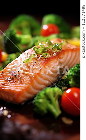 Grilled salmon fish on a grill plate on black background. 112571498