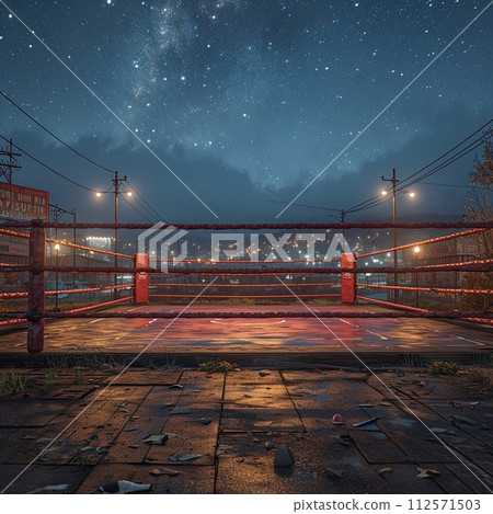 AI-generated content. A vibrant night scene showcasing a lively boxing ring under a star-filled sky. 112571503