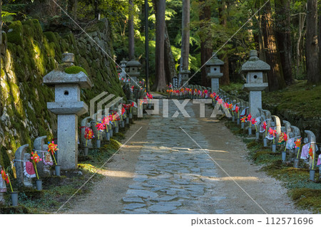 Jizo statues lined up along the approach to Kongorin-ji Temple, one of the three Koto Sanzan temples in Aisho-cho, Aichi-gun, Shiga Prefecture, Japan Jizo statues lined up along the approach to Kongorin-ji Temple, one of the three Koto Sanzan temples in Aisho-cho, Aichi-gun, Shiga Prefecture, Japan 112571696