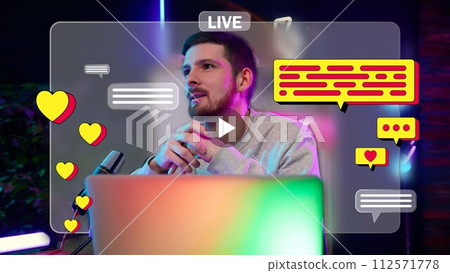 Young man leading video podcast in live stream for social media. Interaction with flowers. Creative bright design. Young man leading video podcast in live stream for social media. Interaction with flowers. Creative bright design. 112571778