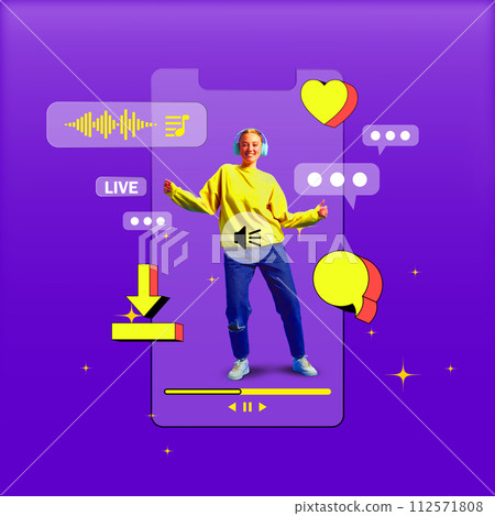 Positive smiling young girl inside mobile phone screen with social media icons around. Leading online video stream for followers. Blogger. Creative design. 112571808