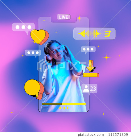 Young girl in headphones inside giant mobile phone screen leading live vide stream with followers. Creative bright design. Young girl in headphones inside giant mobile phone screen leading live vide stream with followers. Creative bright design. 112571809