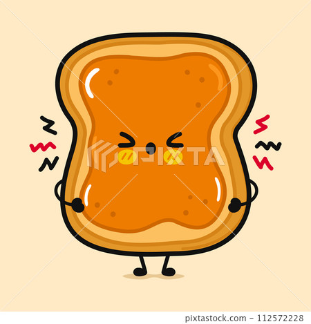 Angry Toast piece of bread with peanut butter. Vector hand drawn cartoon kawaii character illustration. Isolated on brown background. Sad Toast piece of bread with peanut butter character concept Angry Toast piece of bread with peanut butter. Vector hand drawn cartoon kawaii character illustration. Isolated on brown background. Sad Toast piece of bread with peanut butter character concept 112572228