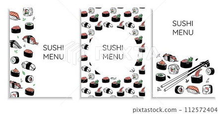 Vector hand drawn set of sushi menu designs. Japanese food restaurant posters 112572404