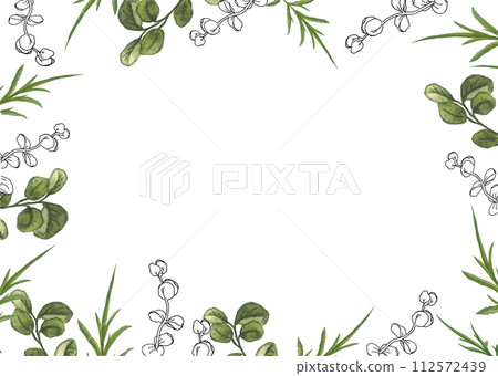 Line art and green watercolor leaves and branches banner, hand drawn botany frame Template for wedding invitation or cards, vector background. Line art and green watercolor leaves and branches banner, hand drawn botany frame Template for wedding invitation or cards, vector background. 112572439