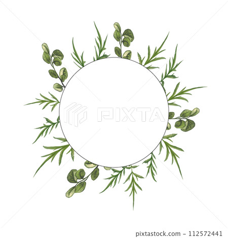 Green watercolor leaves and branches circle frame, hand drawn botany frame Template for wedding invitation or cards, vector background. 112572441