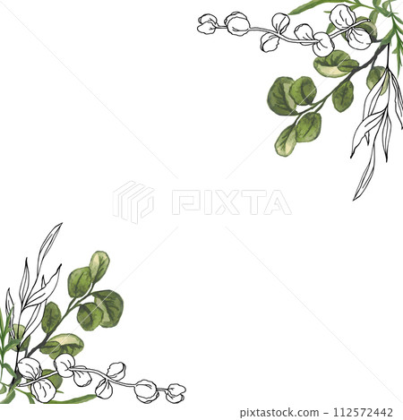 Green watercolor leaves line art and branches square wreath, hand drawn botany frame Template for wedding invitation or cards, vector background. Green watercolor leaves line art and branches square wreath, hand drawn botany frame Template for wedding invitation or cards, vector background. 112572442