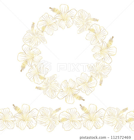 Hibiscus flower seamless boarder and circle wreath. Can be used for wedding invitations, greeting cards, scrapbook, print, gift wrap, manufacturing Hand drawn line art golden foil vector illustration Hibiscus flower seamless boarder and circle wreath. Can be used for wedding invitations, greeting cards, scrapbook, print, gift wrap, manufacturing Hand drawn line art golden foil vector illustration 112572469