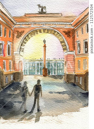 arch baroque style two tourists on the palace square painted in watercolor arch baroque style two tourists on the palace square painted in watercolor 112572504