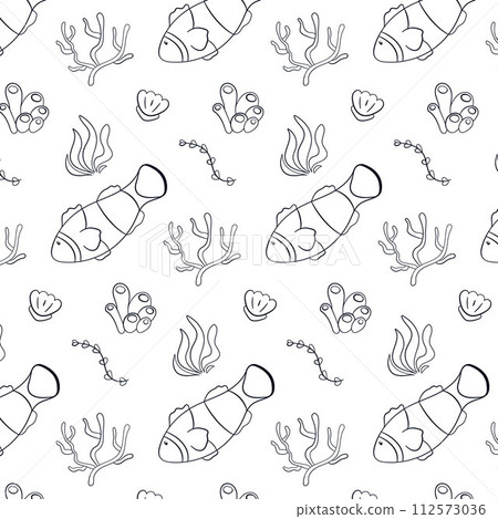 Clown fish seamless pattern in line art style. Undersea life design with coral, fish, seashell and seaweed. Vector illustration on a white background. Clown fish seamless pattern in line art style. Undersea life design with coral, fish, seashell and seaweed. Vector illustration on a white background. 112573036
