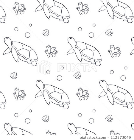 Seamless pattern with undersea animal turtle in line art style. Seashell, coral, seaweed, bubbles. Vector illustration on a white background. 112573049