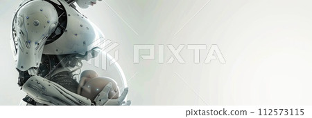 AI-generated content. A pregnant robot woman wearing a futuristic suit holds a cell phone in her hand. 112573115