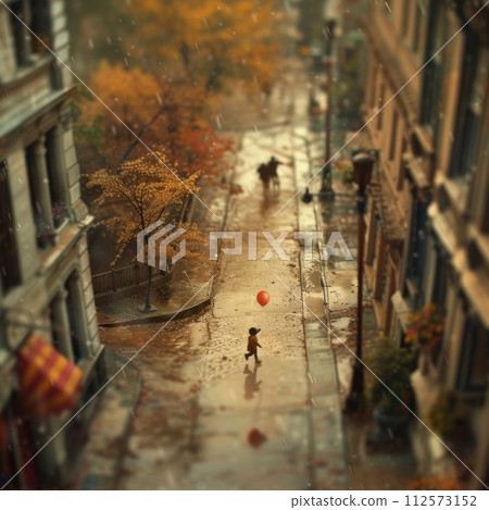 AI-generated content. A small child is seen walking down a street that is wet from the rain. 112573152