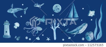 Watercolor hand-drawn blue monochromatic border isolated on dark blue. Whales, manta rays, shells, starfish, jellyfish and octopus 112573165