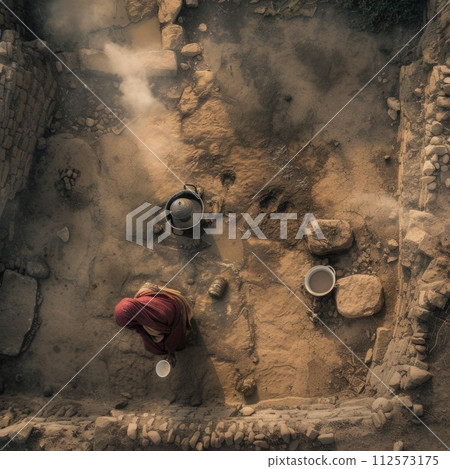 AI-generated content. An aerial view of an individual standing in a dirt field. 112573175
