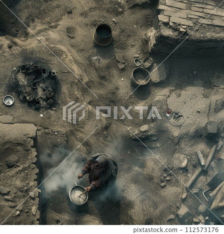 AI-generated content. An aerial view captures a man cooking in a pot, accompanied by an old woman near her hut. 112573176