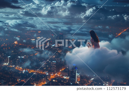 AI-generated content. A photo of a woman sitting atop a cloud in the sky. 112573179