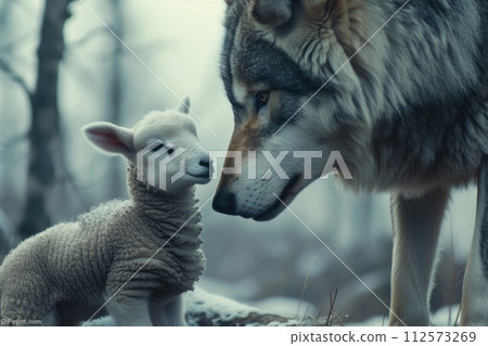 AI-generated content. A wolf and lamb are seen standing together in a forest. AI-generated content. A wolf and lamb are seen standing together in a forest. 112573269