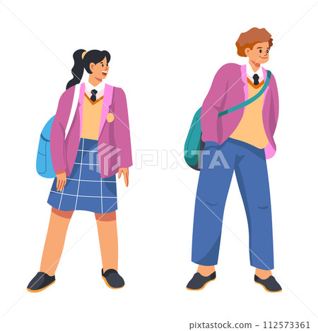 Boy and girl cartoon characters in school outfits 112573361