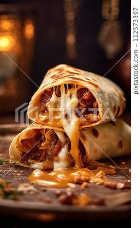 Burritos wraps with beef and vegetables on black background. 112573397