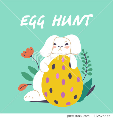 Egg hunt, Easter holiday celebration greeting card Egg hunt, Easter holiday celebration greeting card 112573456