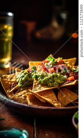 Close up view of chicken nacho tortilla with cream sauce. Close up view of chicken nacho tortilla with cream sauce. 112573600