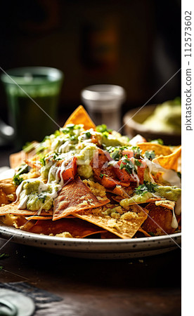 Close up view of chicken nacho tortilla with cream sauce. Close up view of chicken nacho tortilla with cream sauce. 112573602
