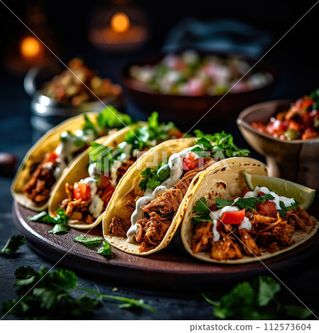 Mexican tacos with beef, tomatoes and cheese. 112573604