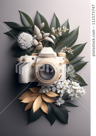 Vintage old photo camera and flower decoration. Vintage old photo camera and flower decoration. 112573747