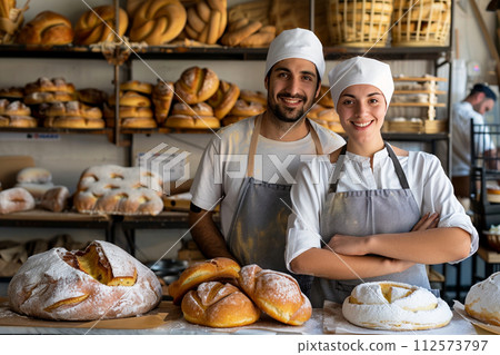 AI-generated content. Young bakers, partners, small business owners, entrepreneurs, bakery interior in background AI-generated content. Young bakers, partners, small business owners, entrepreneurs, bakery interior in background 112573797