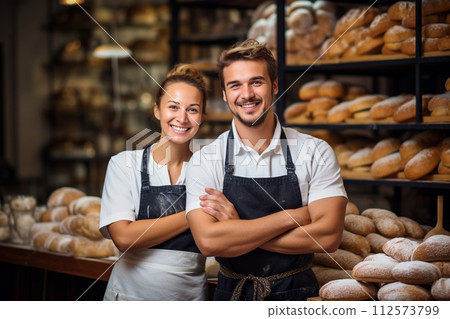 AI-generated content. Young bakers, partners, small business owners, entrepreneurs, bakery interior in background AI-generated content. Young bakers, partners, small business owners, entrepreneurs, bakery interior in background 112573799