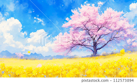 Watercolor illustration landscape of cherry blossom trees in full bloom and rape blossom field 112573894