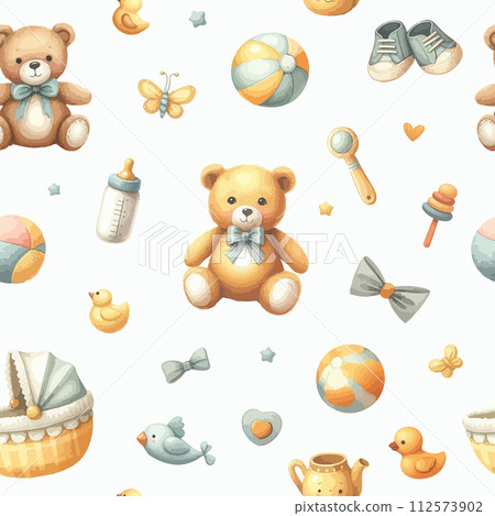 Seamless pattern of watercolor plush toys bear, ball and other. 112573902