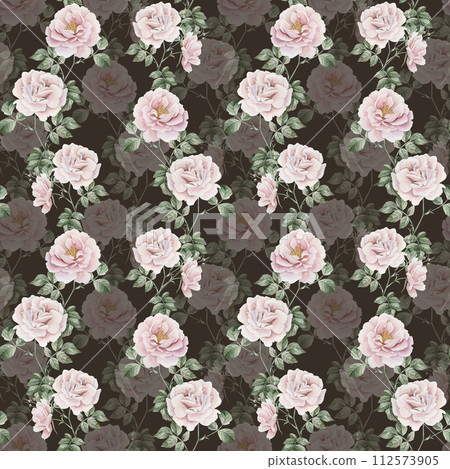 Rose hip pink flowers with buds and green leaves, Victorian style, watercolor seamless pattern on dark background. For use in design, fabric, textile, scrapbooking, wallpaper, wrapping papper, gift bo 112573905