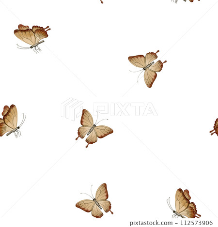 Brown butterflies, watercolor seamless minimalist pattern on white background. For use in design, fabric, textile, scrapbooking, wallpaper, wrapping papper, gift boxes, greeting cards, background Brown butterflies, watercolor seamless minimalist pattern on white background. For use in design, fabric, textile, scrapbooking, wallpaper, wrapping papper, gift boxes, greeting cards, background 112573906