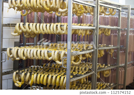 Suspended sausages at a meat factory Suspended sausages at a meat factory 112574152
