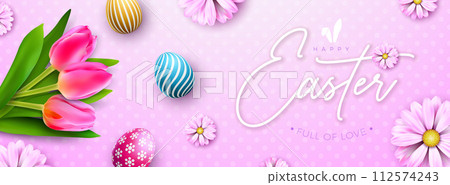 Happy Easter Holiday Design with Colorful Painted Egg and Spring Tulip Flower on Pink Background. International Religious Vector Celebration Banner Illustration with Typography Lettering for Greeting 112574243