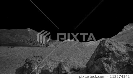 Moon. Desert space landscape.  Cosmic scene with desert, stone, sand and black sky 112574341