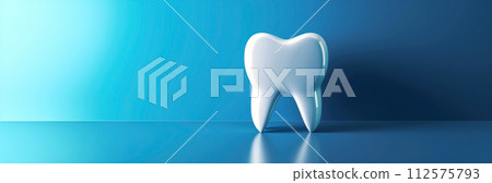 Single white healthy tooth on the blue background. Dental health care concept. 112575793