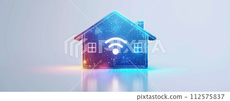 Isolated miniature of a house on light background. Intelligent, smart home and Wi-fi concept. 112575837