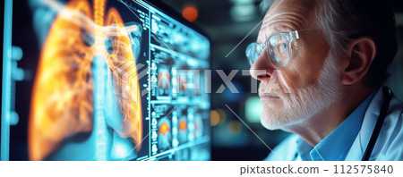 Doctor looking onto x-ray images of human lungs and studying them. Concept of planned treatment and health care. 112575840