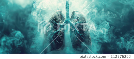 Abstract background with black lungs of a smoker. Illness and healthy lifestyle concept. AI-generated item 112576293